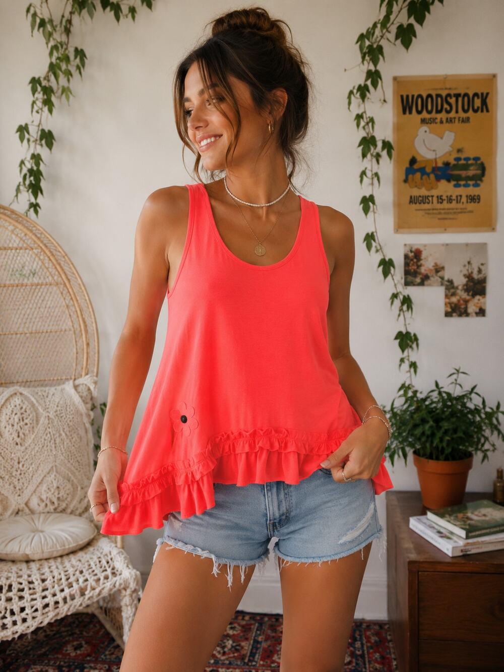 Plu Neon Coral Ruffle Hem Tank Top Pluslavie Size Small